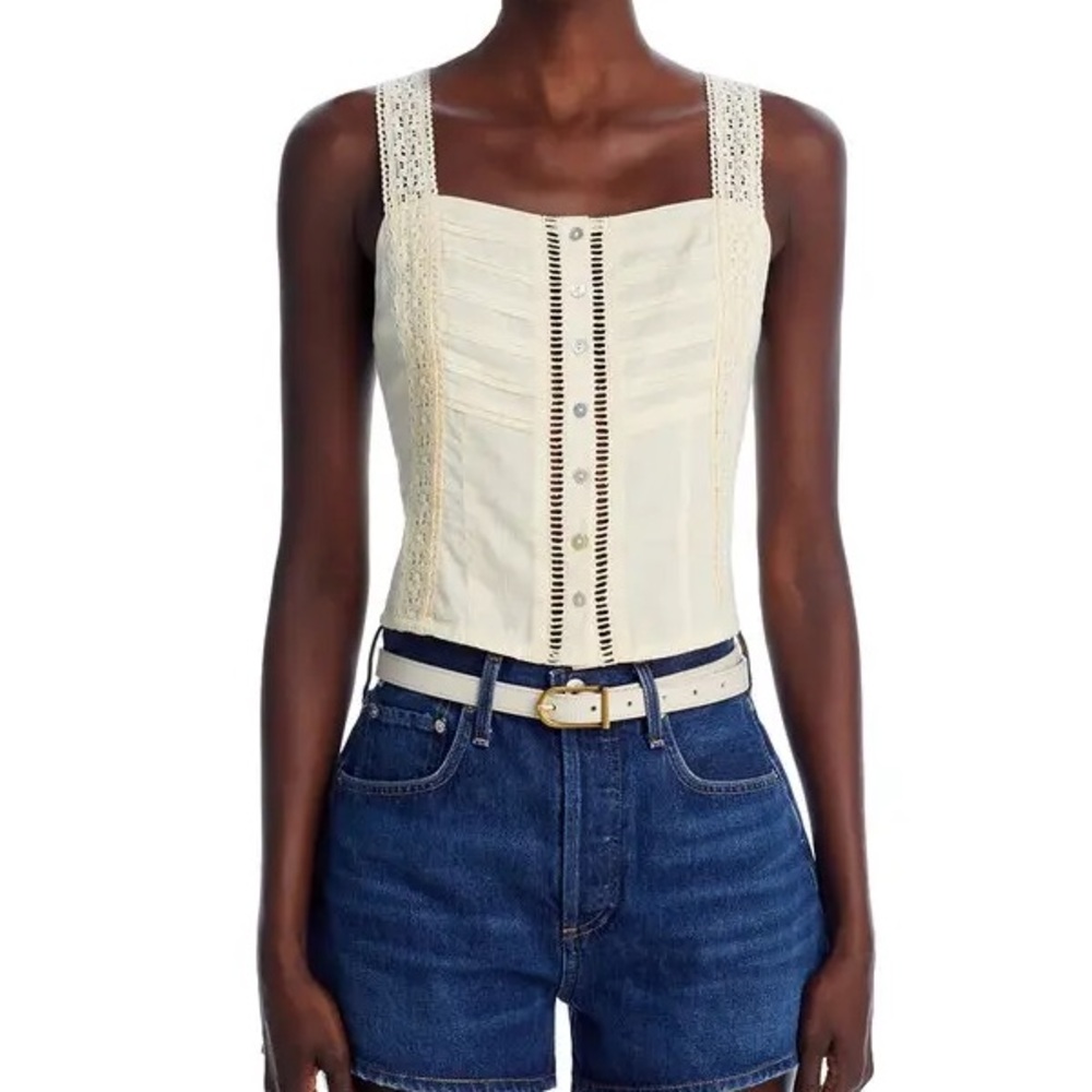 Aqua Lace Trim Square Neck Tank Top in Cream